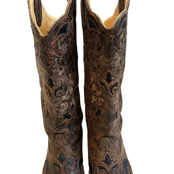 Corral Boots Brown Distressed Lizard Inlay Snip Toe style C2118, Sz 7 - Picture 8 of 16